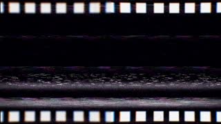 Vintage VHS negative film strip seamless loop. Old reel overlay with dirt, defects, noise, scratches, camera roll burns, grain and dust. Set TV tape glitch effect looping 3D render on black background