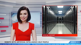 Woman TV presenter reporting on new technologies and robots with artificial intelligence on television channel in live news program