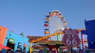 Santa Monica, California, USA: Sign of the end of the Route 66 at the Pacific amusement park on the Santa Monica Pier. The end of historical route across America.