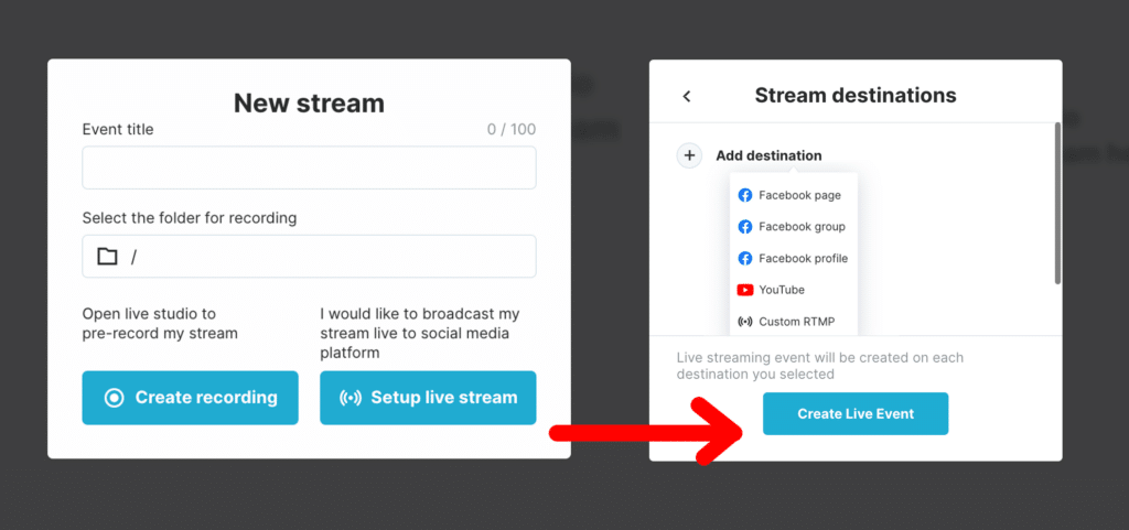 step 1 and 2 to set up live stream